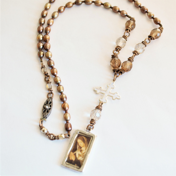 Blessed Mother Necklace with Bronze wire and Pearls
