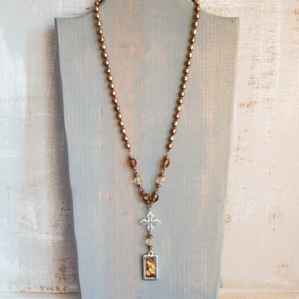Blessed Mother Necklace with Bronze wire and Pearls