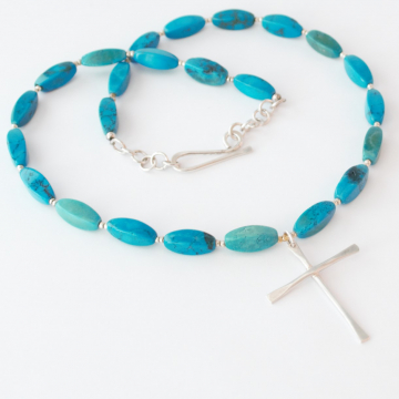 Simple Plain Cross Necklace with Turquoise Beads Unisex Jewelry